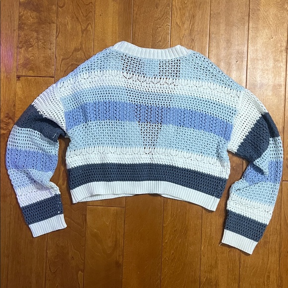 Le Lis Collection Striped Striped Crochet Cardigan Sz M Blue Coastal Boho Cozy - Picture 7 of 9